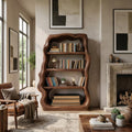 Rustic Sculptural Wooden Bookshelf, Carved Frame Solid Wood Bookcase for Living Room, Library, Office Storage
