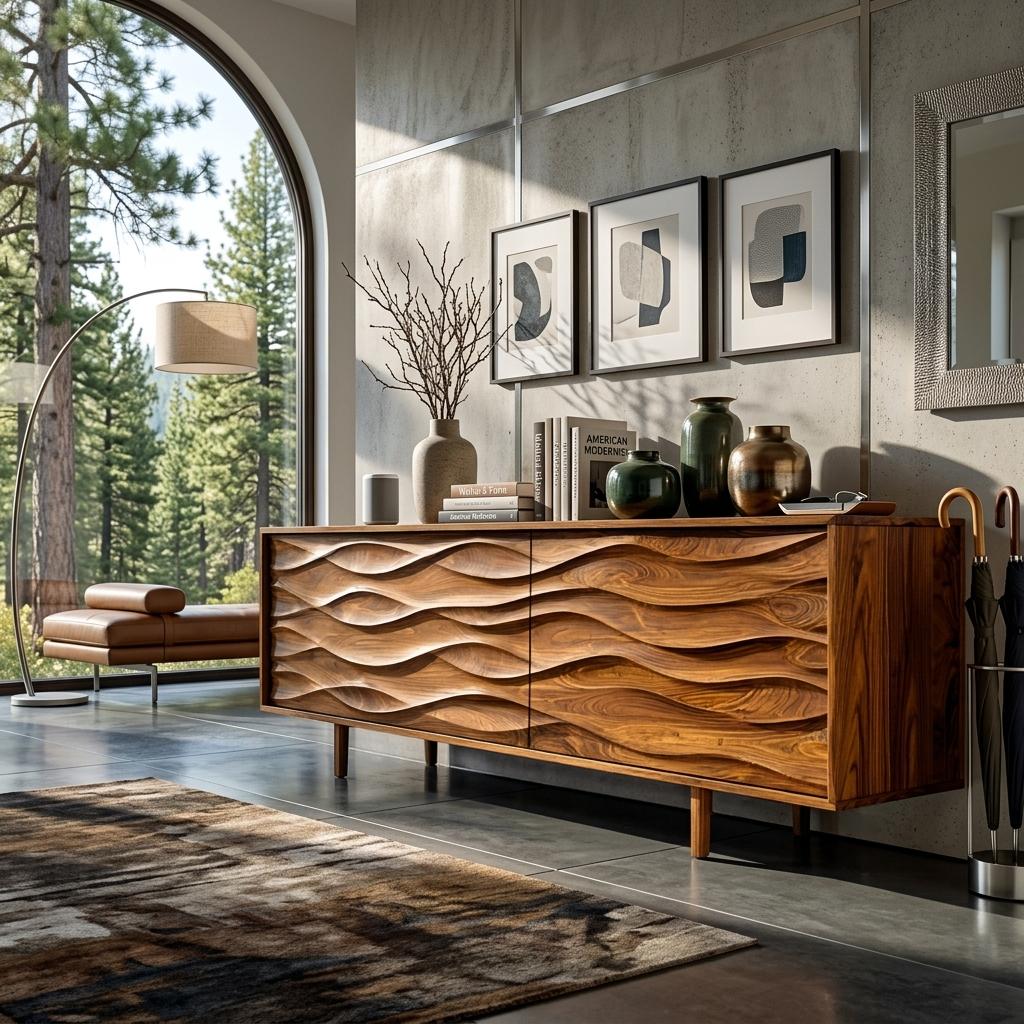 Contemporary Sideboard with Carved Wave Front Panels, Handcrafted Solid Wood Credenza Buffet Cabinet for Home, Model