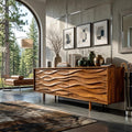 Contemporary Sideboard with Carved Wave Front Panels, Handcrafted Solid Wood Credenza Buffet Cabinet for Home, Model