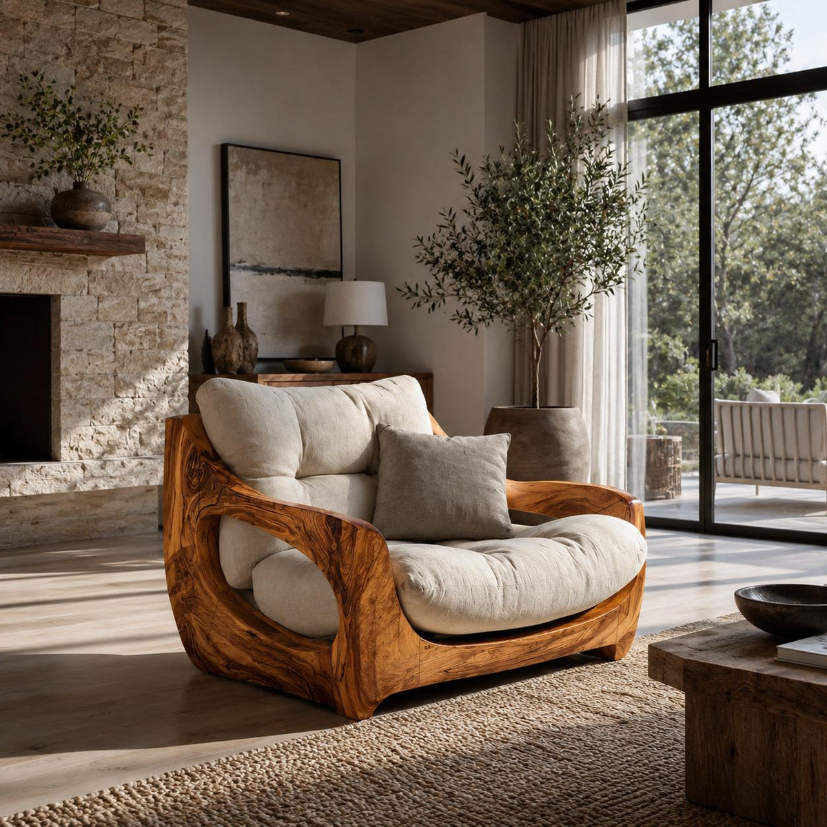 Spry Interior Modern Organic Lounge Chair with Carved Wood Form, Handcrafted Sculptural Accent Seating for Living Room, RTTHTTACC010