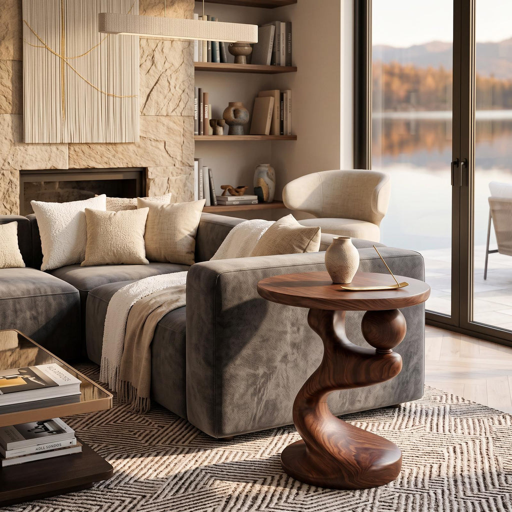 Modern Sculpted Wood Side Table, Artistic Curved Base Solid Wood End Table & Nightstand for Living Room, Bedroom