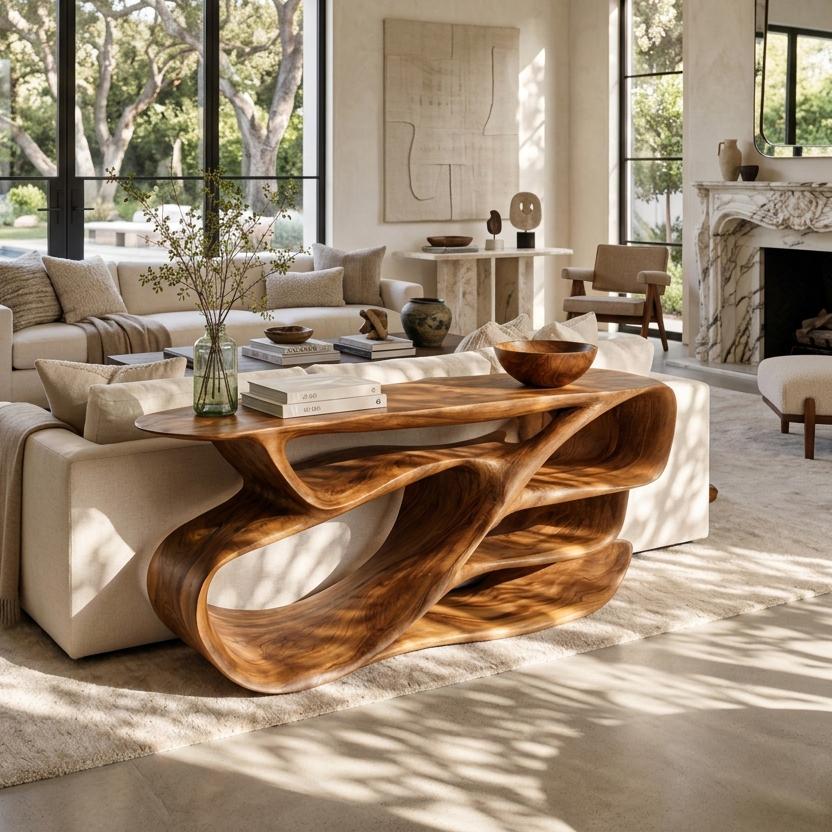 Organic Wooden Console Table With Hollow Compartments For Living Decor