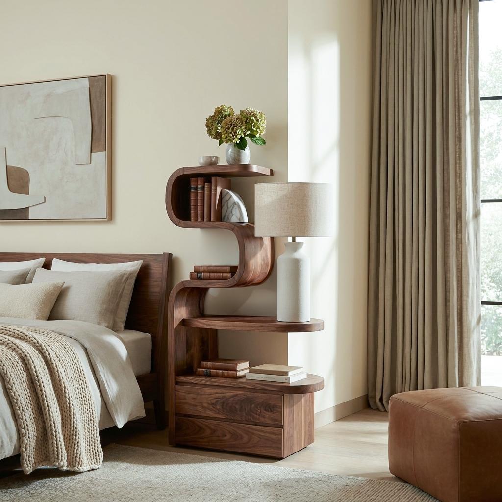 Sculpted Solid Wood Nightstand, Modern Bedside Table with Storage Shelves & Drawers for Bedroom