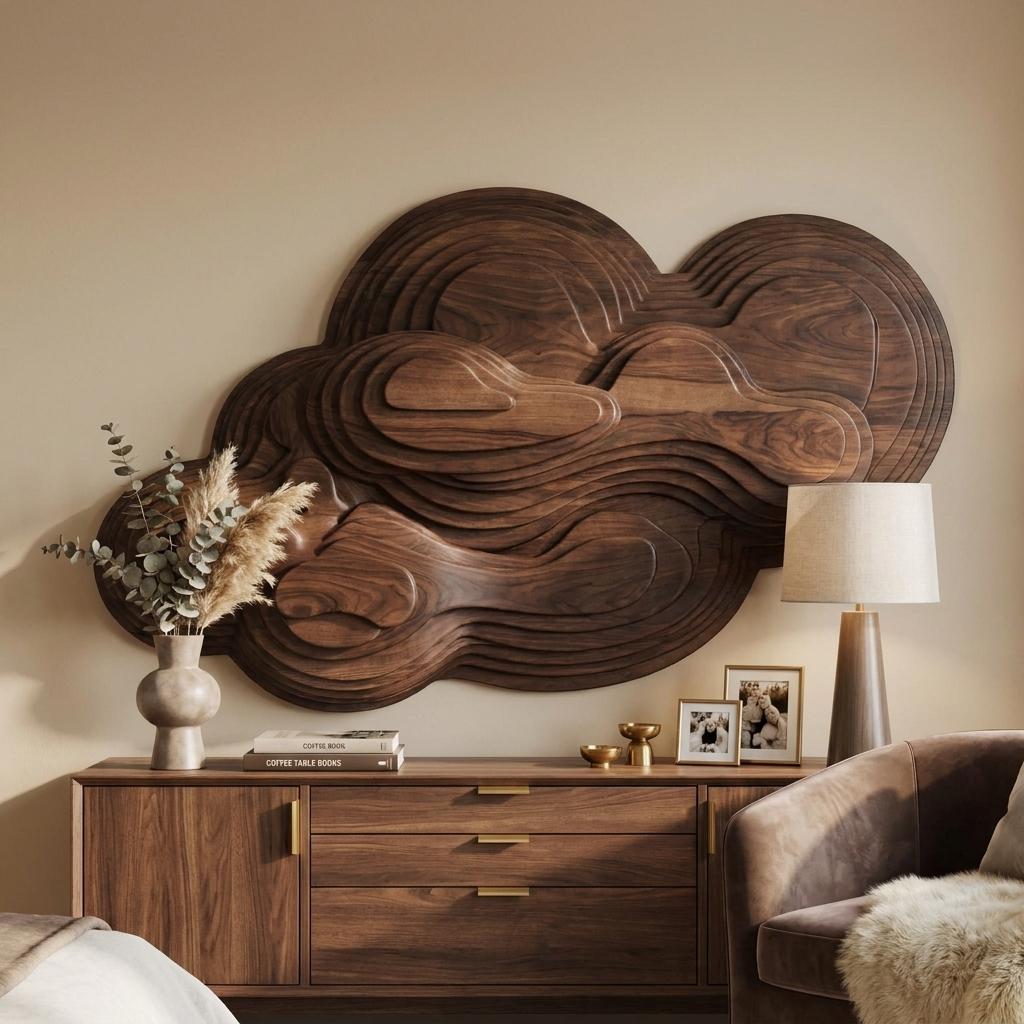 Organic Cloud Wooden Wall Sculpture, Layered Handcrafted Solid Wood Wall Art for Bedroom, Living Room & Nursery