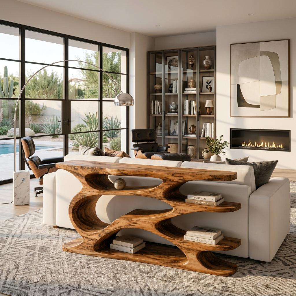 Rustic Wooden Console Table With Curved Open Storage For Living