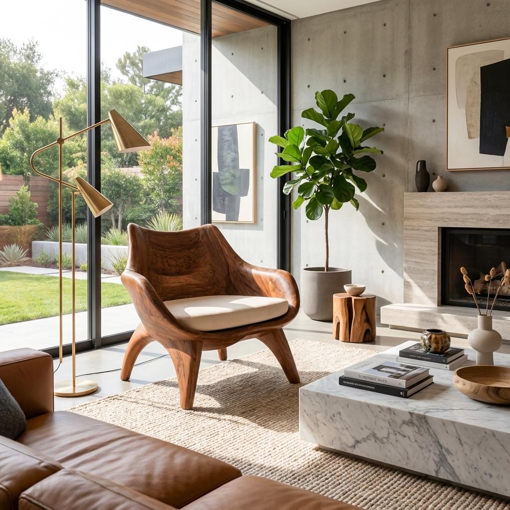 Modern Sculptural Lounge Chair, Handcrafted Wood Accent Armchair with Artistic Curved Frame for Living Room
