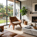 Modern Sculptural Lounge Chair, Handcrafted Wood Accent Armchair with Artistic Curved Frame for Living Room