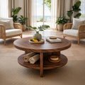 Tropical Round Wooden Coffee Table with Storage Shelf, Coastal Style Lounge Center Table, Model