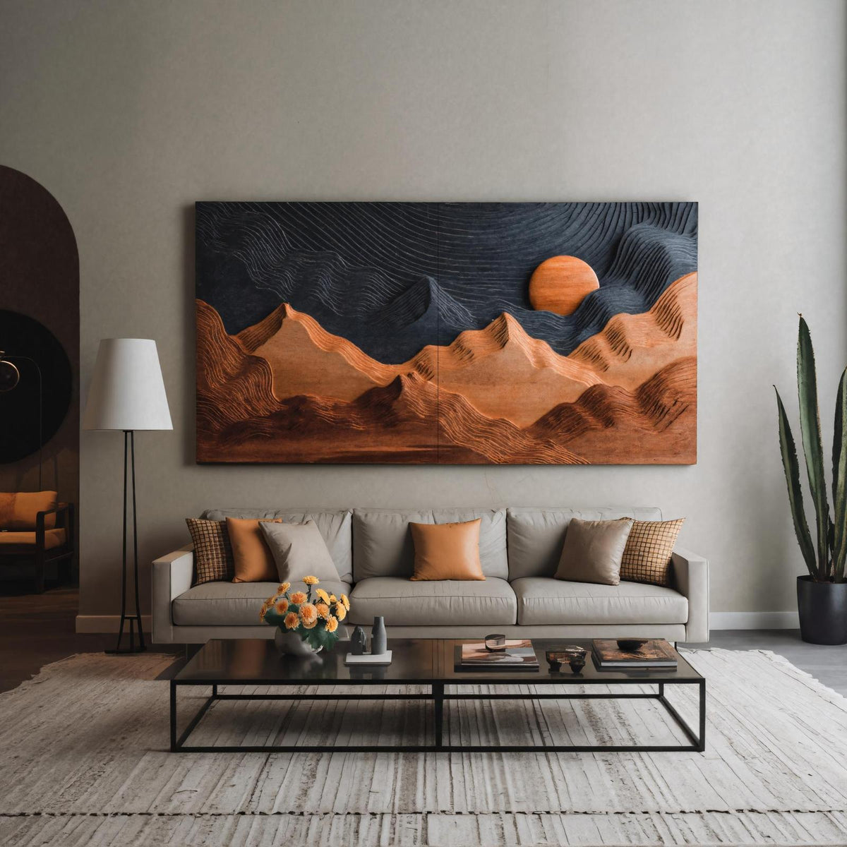 Sunrise Over Mountain Wall Sculpture, Rustic 3D Carved Wood Nature Landscape Wall Art for Cabin & Living Room