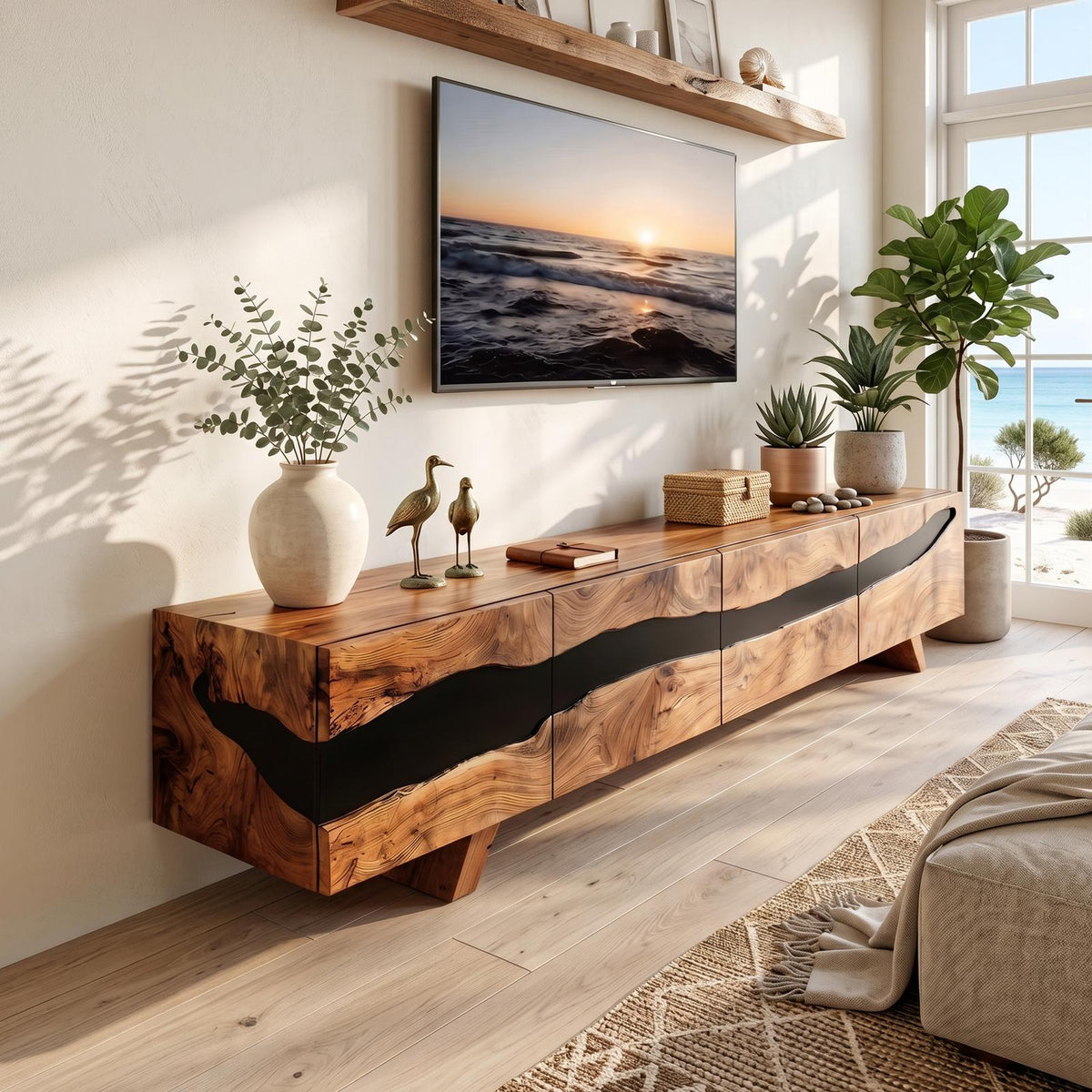 Mid Century Solid Wood Entertainment Stand, Retro Wooden TV Console & Media Center Cabinet for Living Room