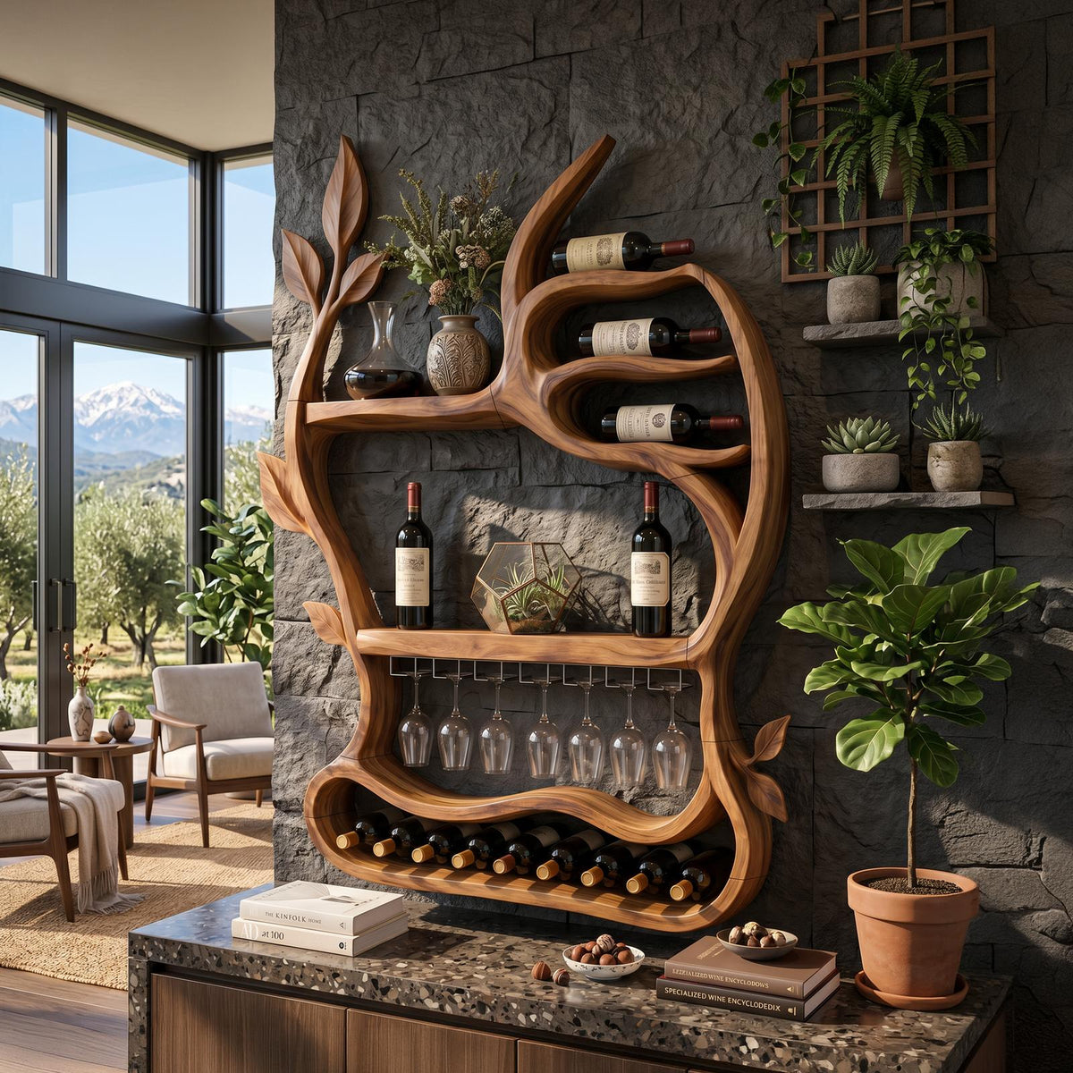 Mid Century Landscape Wine Holder For Dining Room