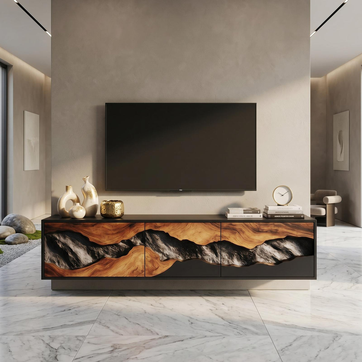 Handcrafted Wooden TV Console Cabinet, Mid Century Solid Wood Entertainment Media Stand for Cozy Living Room