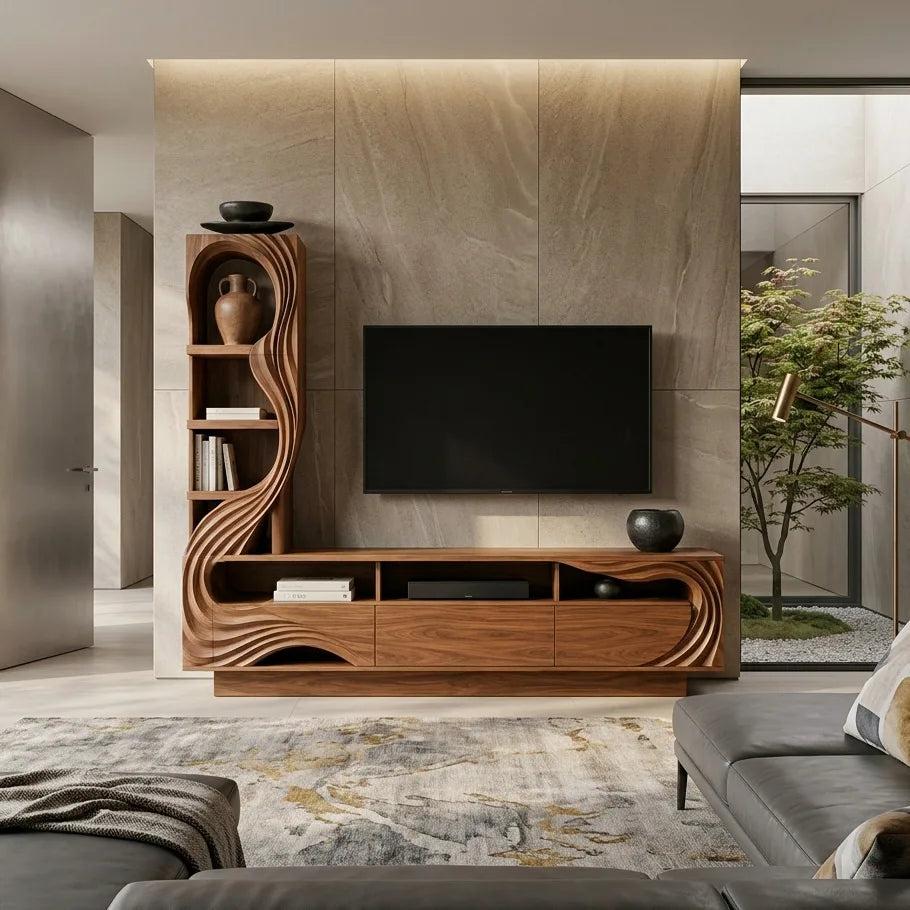 Modern Sculptural Wooden TV Console With Storage For Living Room