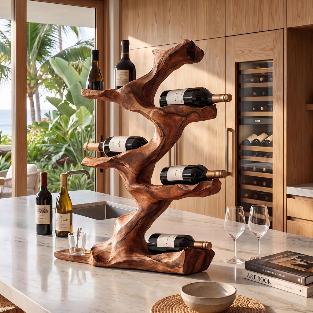 Rustic Wood Wine Holder, Handcrafted Countertop Wine Bottle Rack Stand, Decorative Wooden Display Shelf for Living Room Home Bar