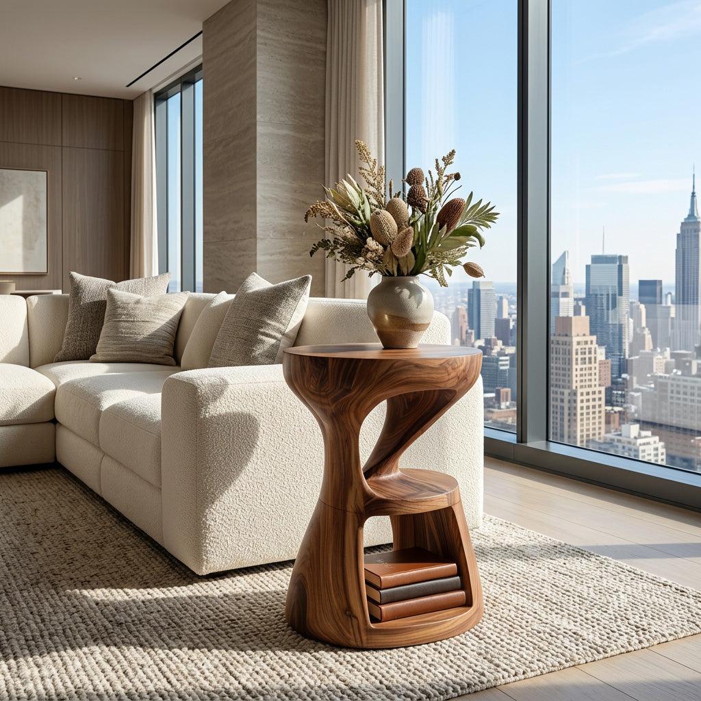 Modern Sculptural Side Table, Handcrafted Solid Wood End Table & Nightstand for Living Room Lounge, Model