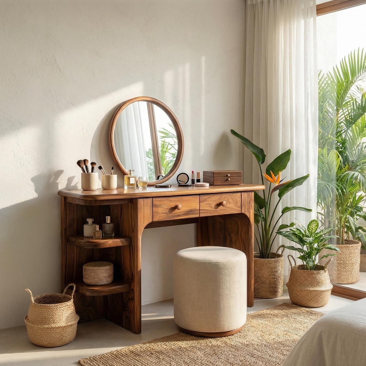 Spry Interior Rustic Dressing Table, Natural Solid Wood Makeup Vanity Desk with Drawers for Bedroom, SILDTTRMV007