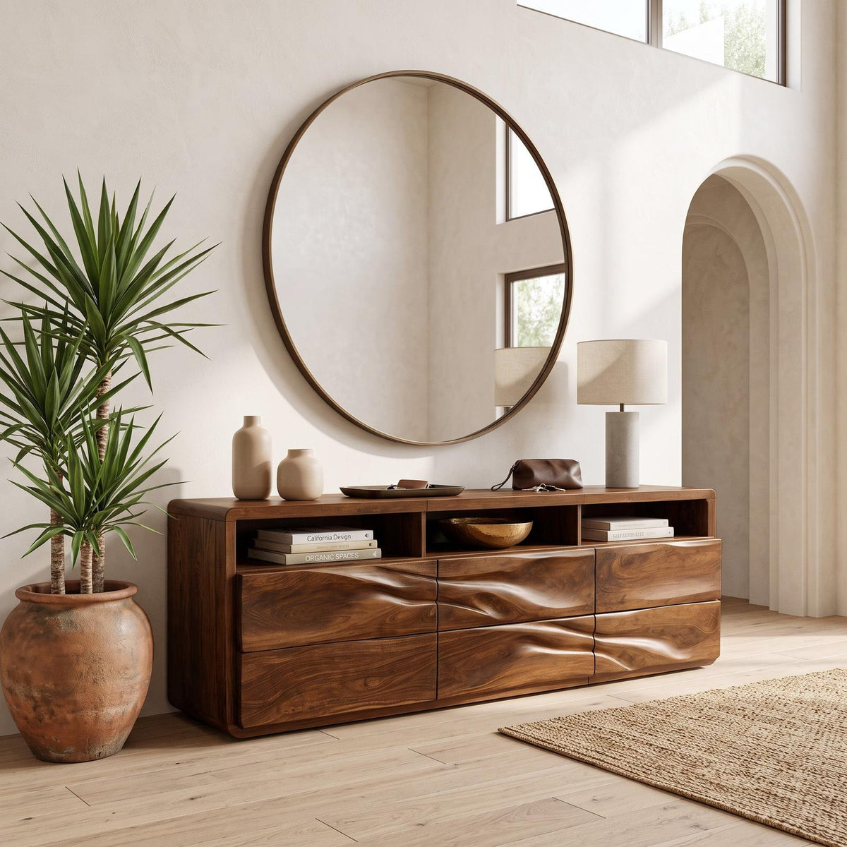 Organic Wave Carved Wood Sideboard, Handcrafted Solid Wood Credenza Storage Cabinet for Modern Living Room, Model
