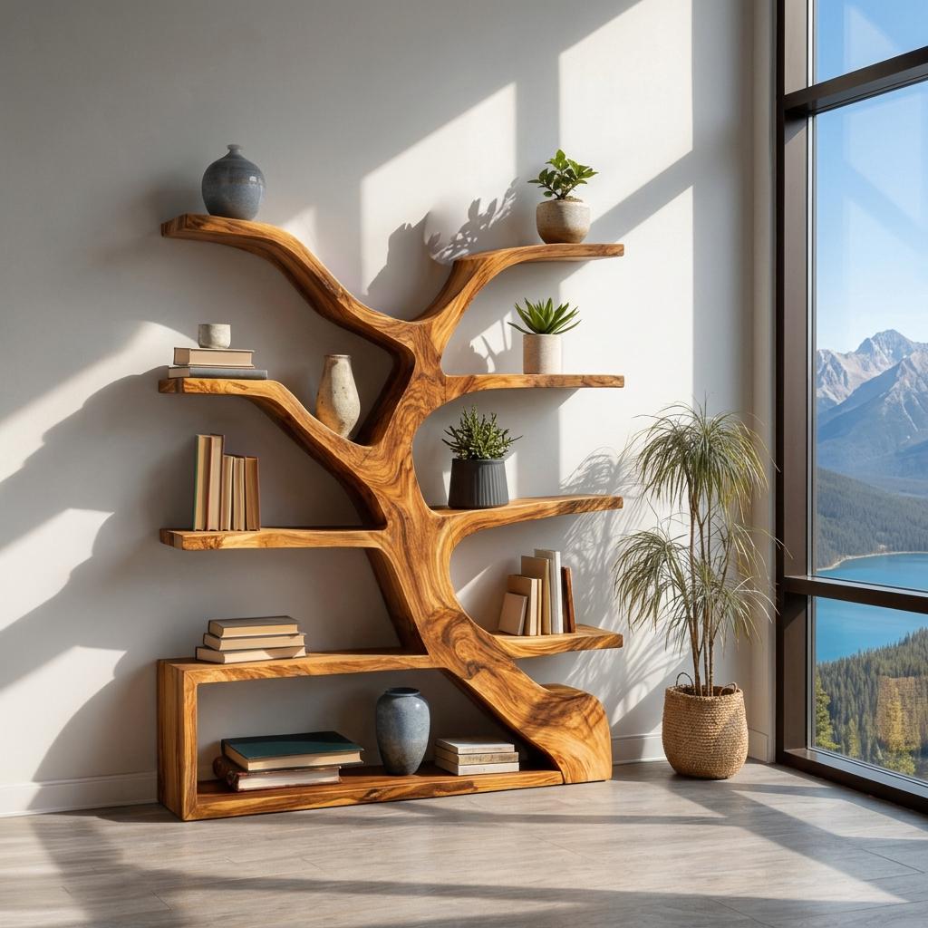 Organic Wooden Bookshelf with Branch Form, Handcrafted Solid Wood Bookcase for Living Room & Office Display