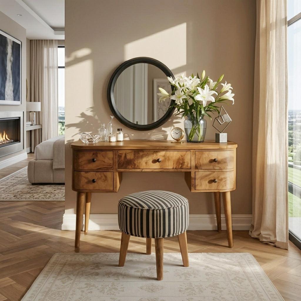 Spry Interior Handmade Solid Wood Vanity Table with Storage Drawers, Rustic Bedroom Dressing Desk & Makeup Vanity Console, SITHHNVAN002