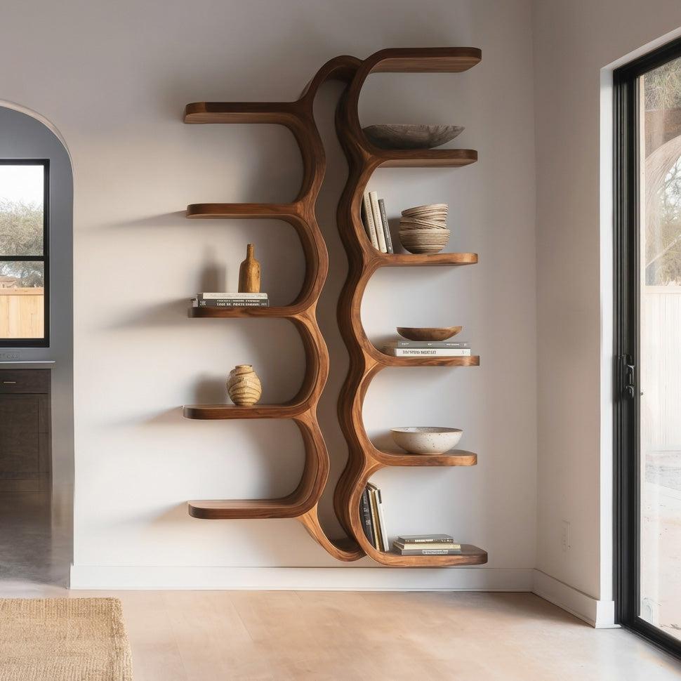 Organic Sculptural Wooden Wall Mounted Floating Shelf, Handcrafted Solid Wood Display for Living Room