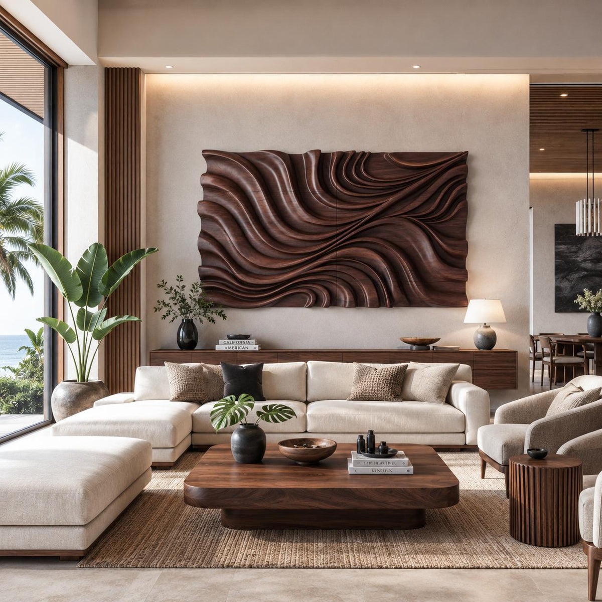 Elegant Wave Wood Wall Art Sculpture, 3D Handcrafted Wooden Wall Panel Decor for Modern Living Room & Bedroom
