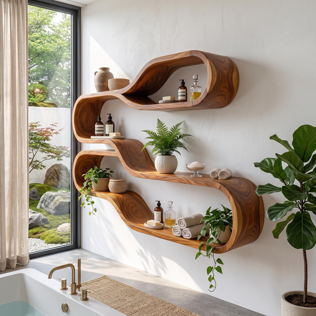 Japandi Wooden Wall Mounted Shelves for Bathroom