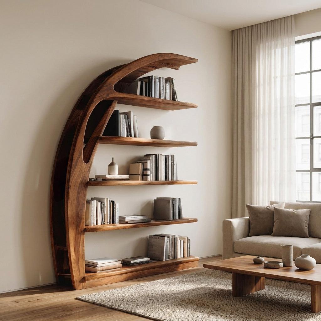 Minimal Curved Wooden Bookshelf, Handcrafted Solid Wood Bookcase for Modern Living Room Display & Office