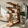 Contemporary Artistic Wooden Bookshelf, Handcrafted Solid Wood Bookcase with Open Shelves for Living Room Storage