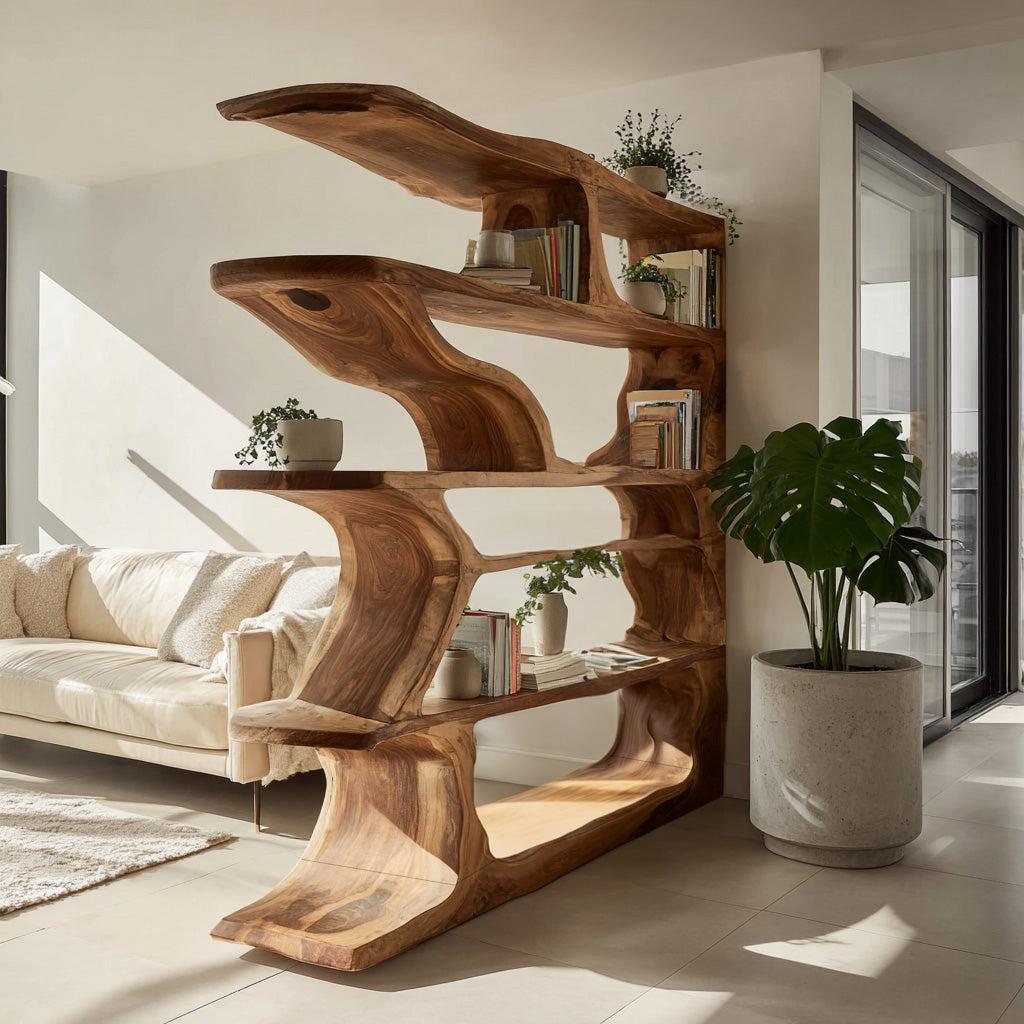Contemporary Artistic Wooden Bookshelf, Handcrafted Solid Wood Bookcase with Open Shelves for Living Room Storage