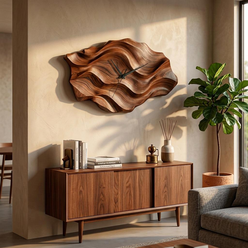 Artistic Wooden Wall Clock, Wavy Design Modern Abstract Wood Clock for Living Room & Luxury Home Decor