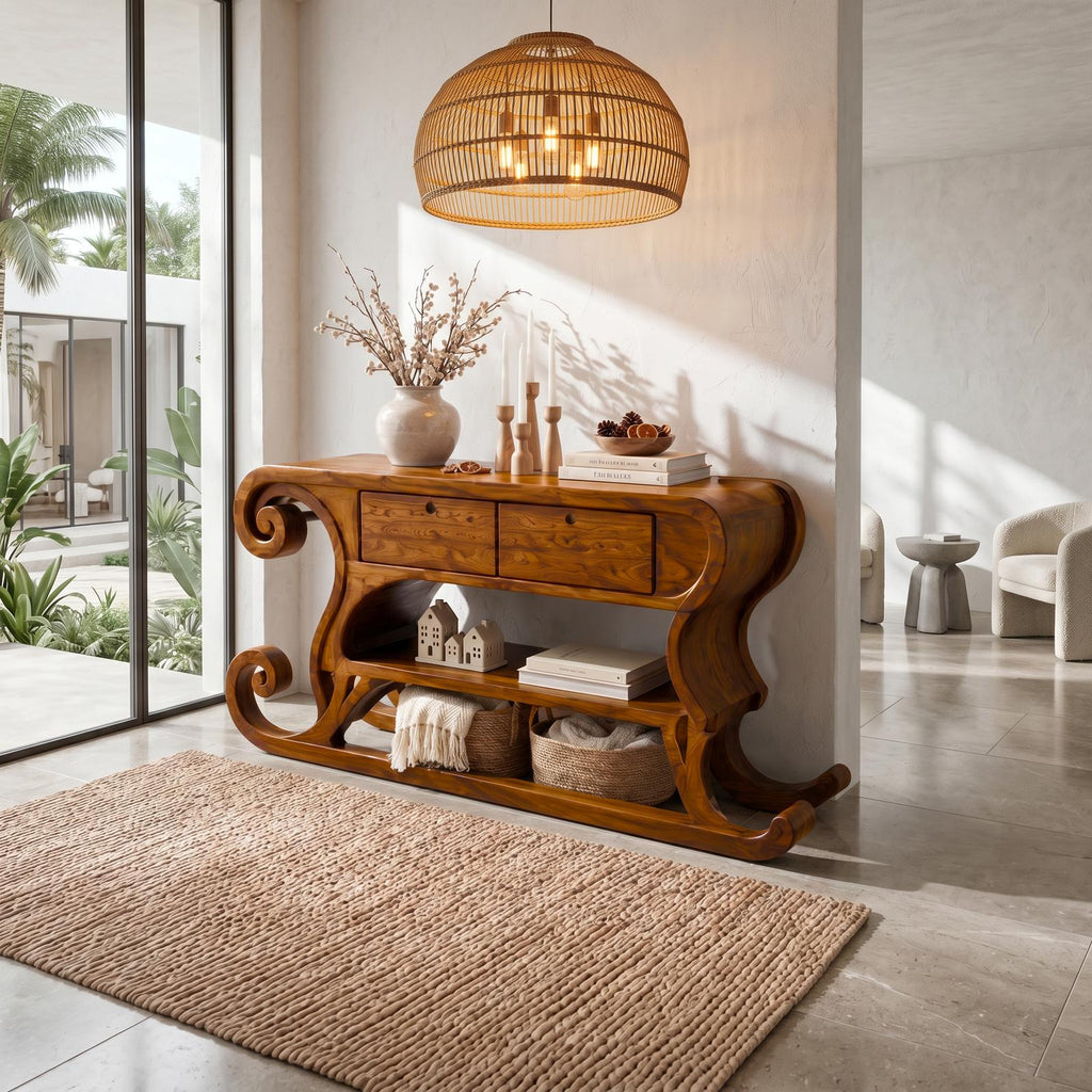 Rustic Christmas Console Table With Sleigh Inspired Scroll Design For Entryway SINLSACS684