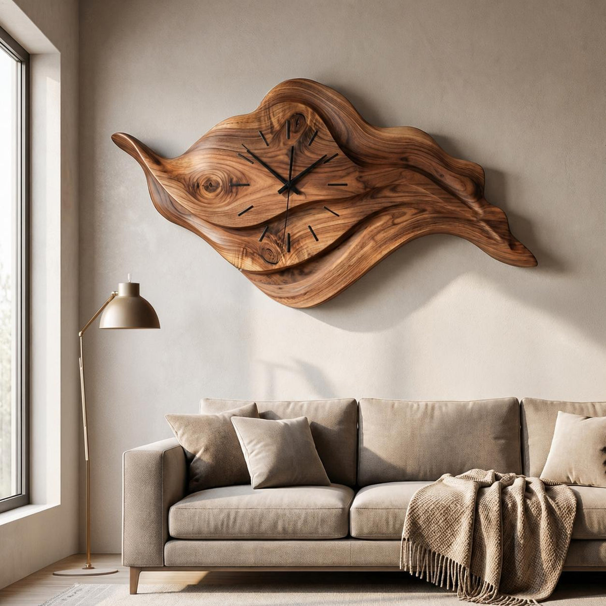 Artistic Sculptural Wooden Clock, Modern Abstract Hand-Carved Decorative Wood Desk/Wall Clock for Home Office
