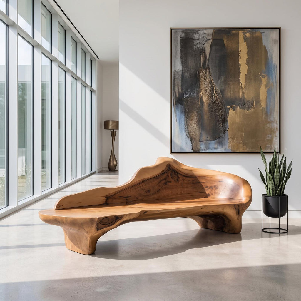 Sculptural Solid Wood Bench with Organic Design, Handcrafted Accent Seating for Living Room, Entryway & Bedroom