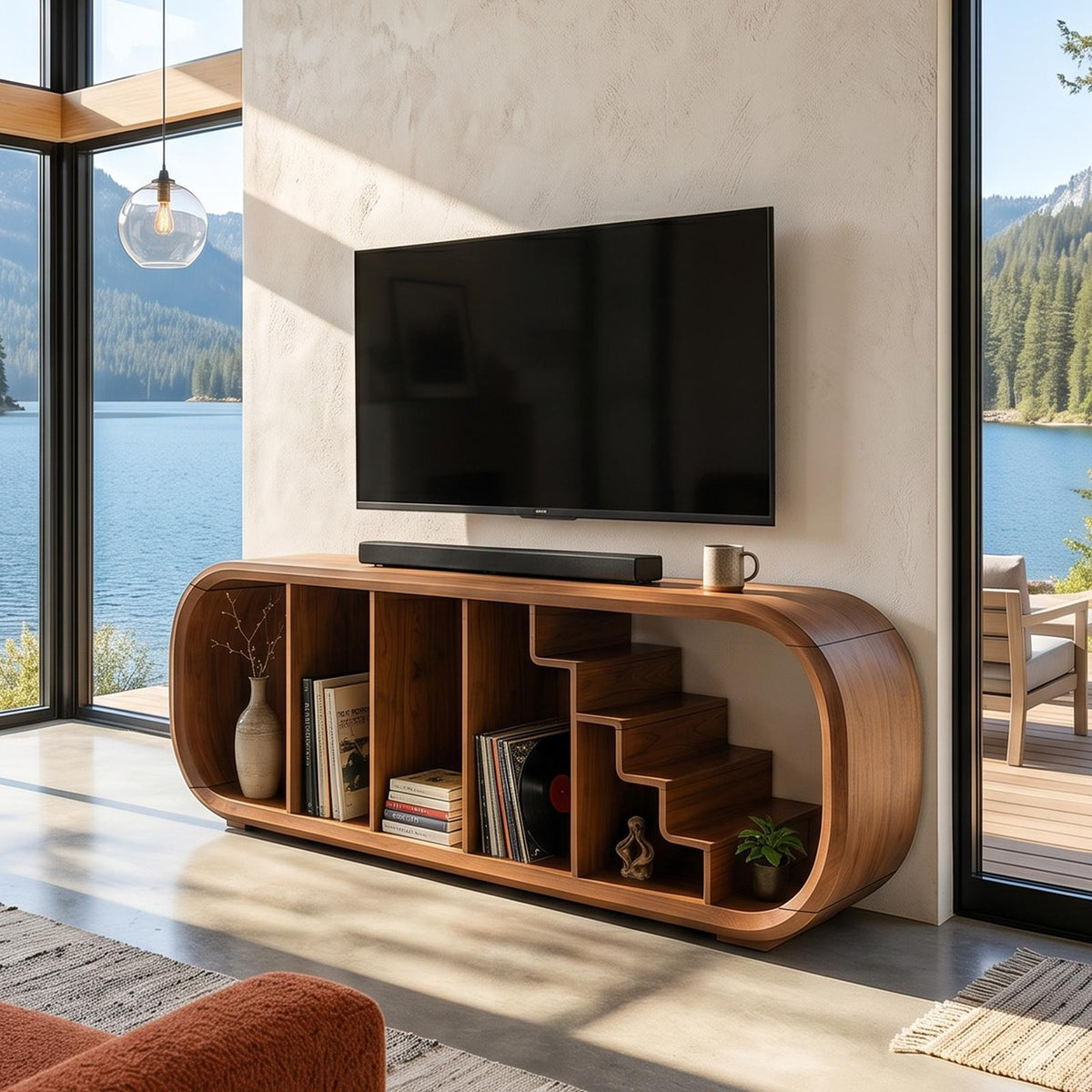 Modern Organic TV Console, Handcrafted Wooden Media Cabinet Credenza for Living Room