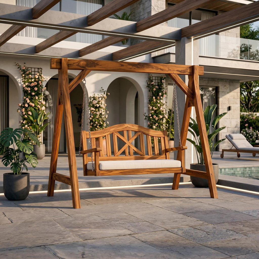 Mediterranean Wooden Swing Bench Villa Patio