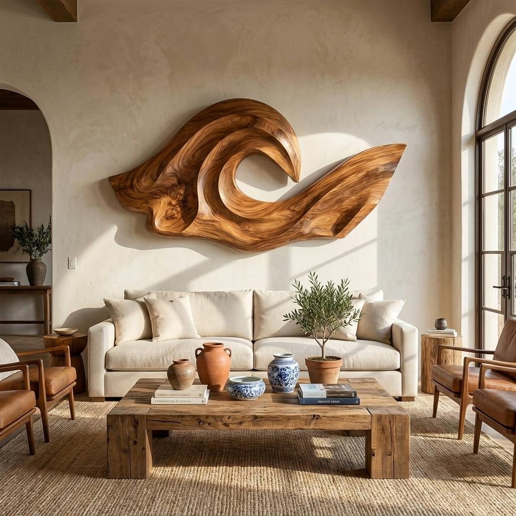 Ocean Wave Inspired Wood Wall Art, 3D Hand-Carved Coastal Wooden Sculpture Panel for Living Room Decor