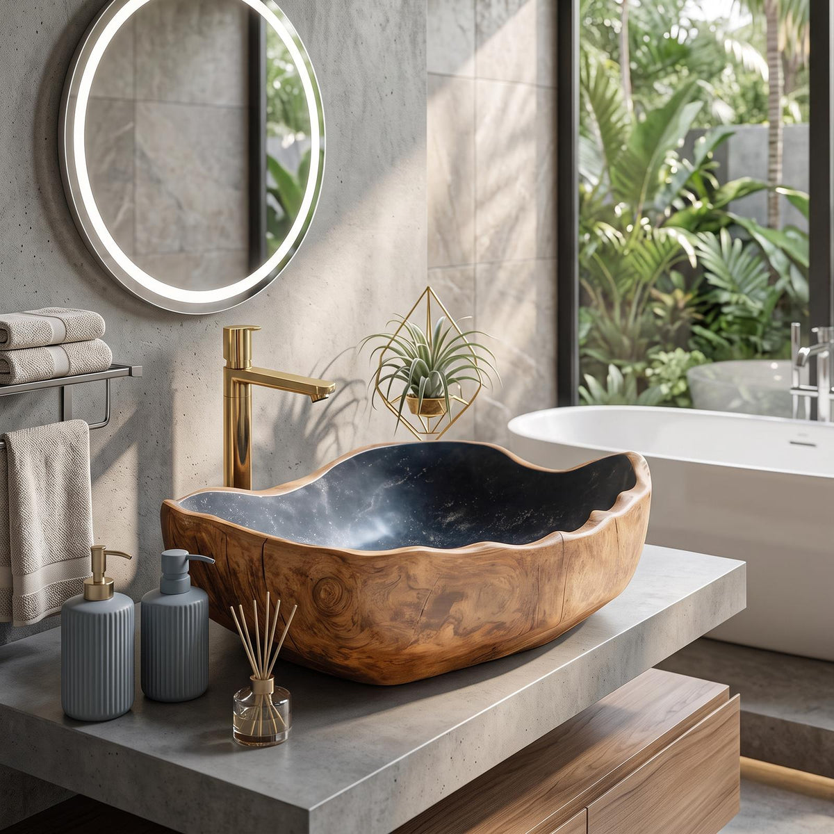 Mid-Century Solid Wood Vessel Sink, Handcrafted Organic Shape Bathroom Wash Basin for Modern Luxury Vanity Decor