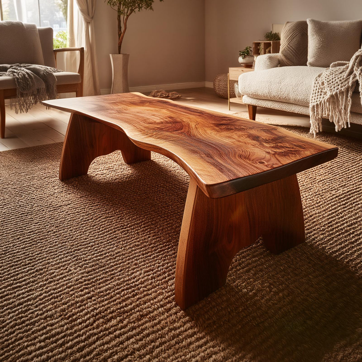Spry Interior Rustic Organic Wood Coffee Table, Solid Wood Live Edge Center Table for Living Room & Lounge, SINLKICF345
