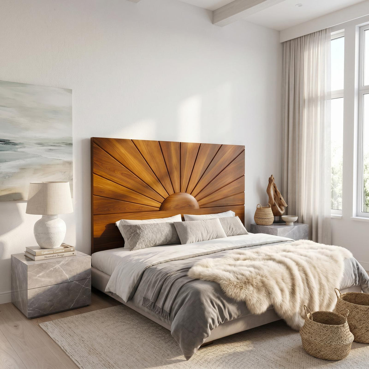 Organic Sunburst Headboard Solid Wood Bed Headboard For Bedroom SINLSAHB036