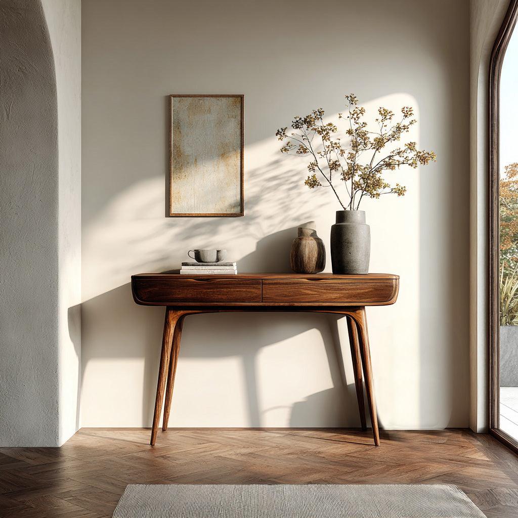 Mid-Century Natural Wood Console Table, Handcrafted Entryway Sofa Table for Hallway & Living Room Decor, Model