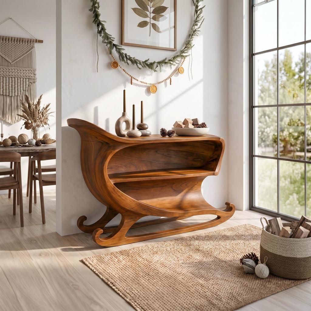 Farmhouse Christmas Console Table With Sleigh Inspired Scroll Design For Entryway And Living Room
