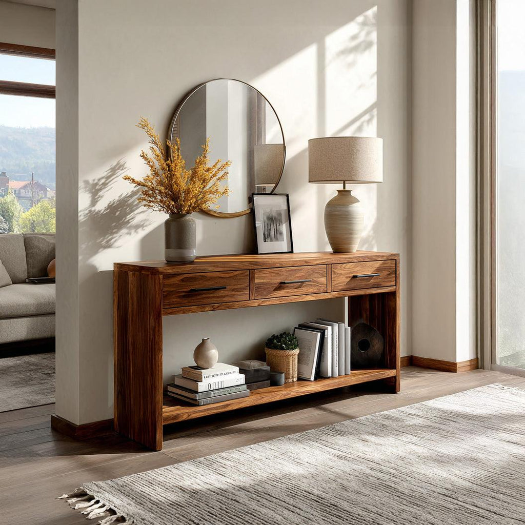Handcrafted Wooden Console Table with Drawers, Solid Wood Entryway Table for Living Room & Hallway, Model