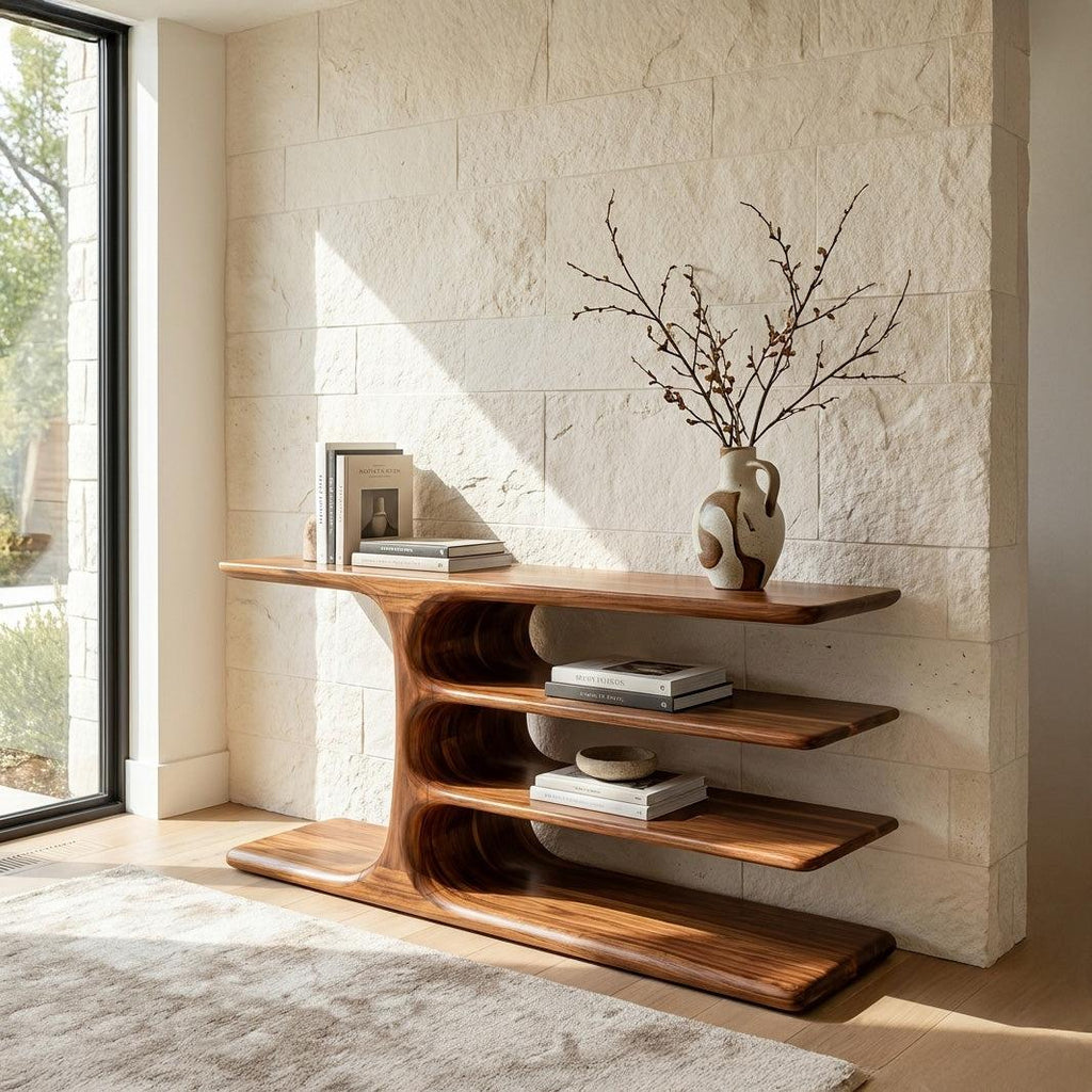 Organic Wooden Console Table with Layered Shelving, Handcrafted Entryway Table for Hallway & Living Room, Model