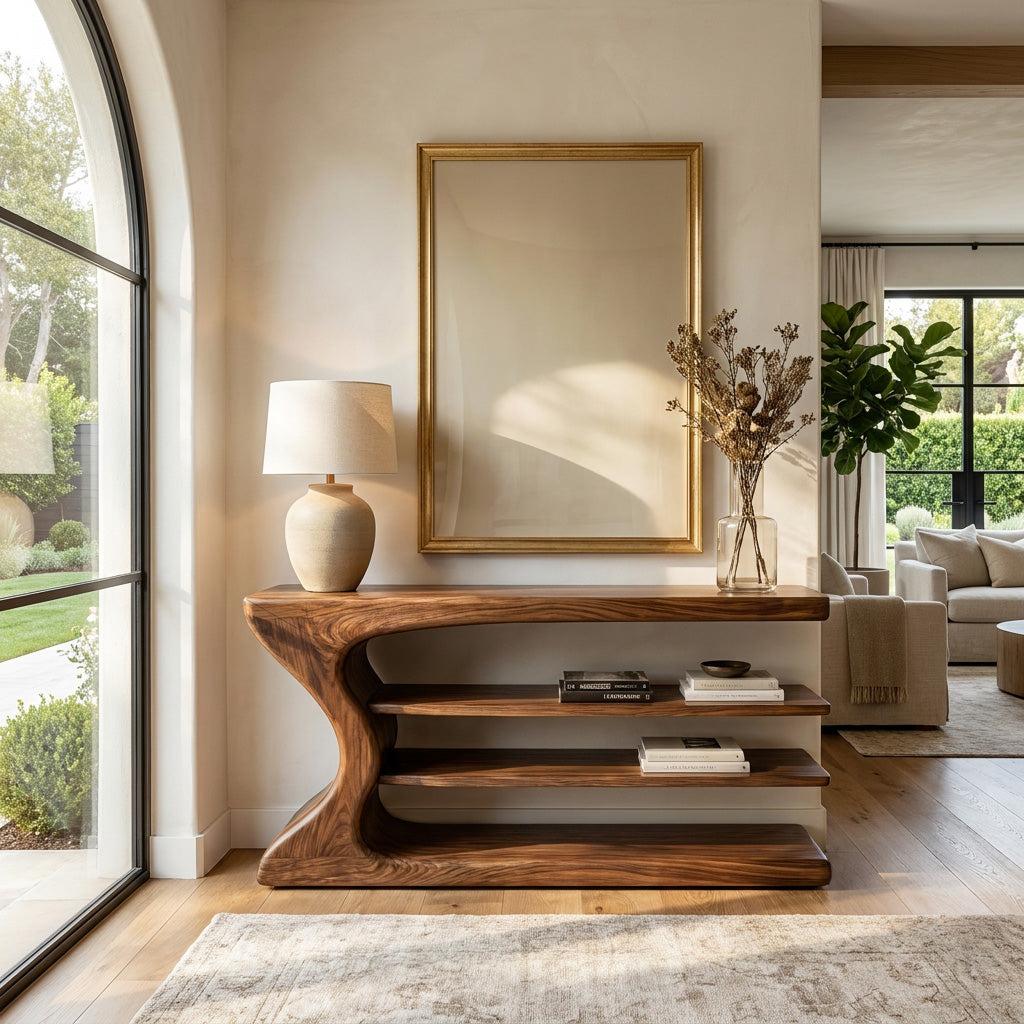 Artistic Natural Wood Console Table, Handcrafted Entryway Table for Minimalist Foyer & Living Room Interior, Model