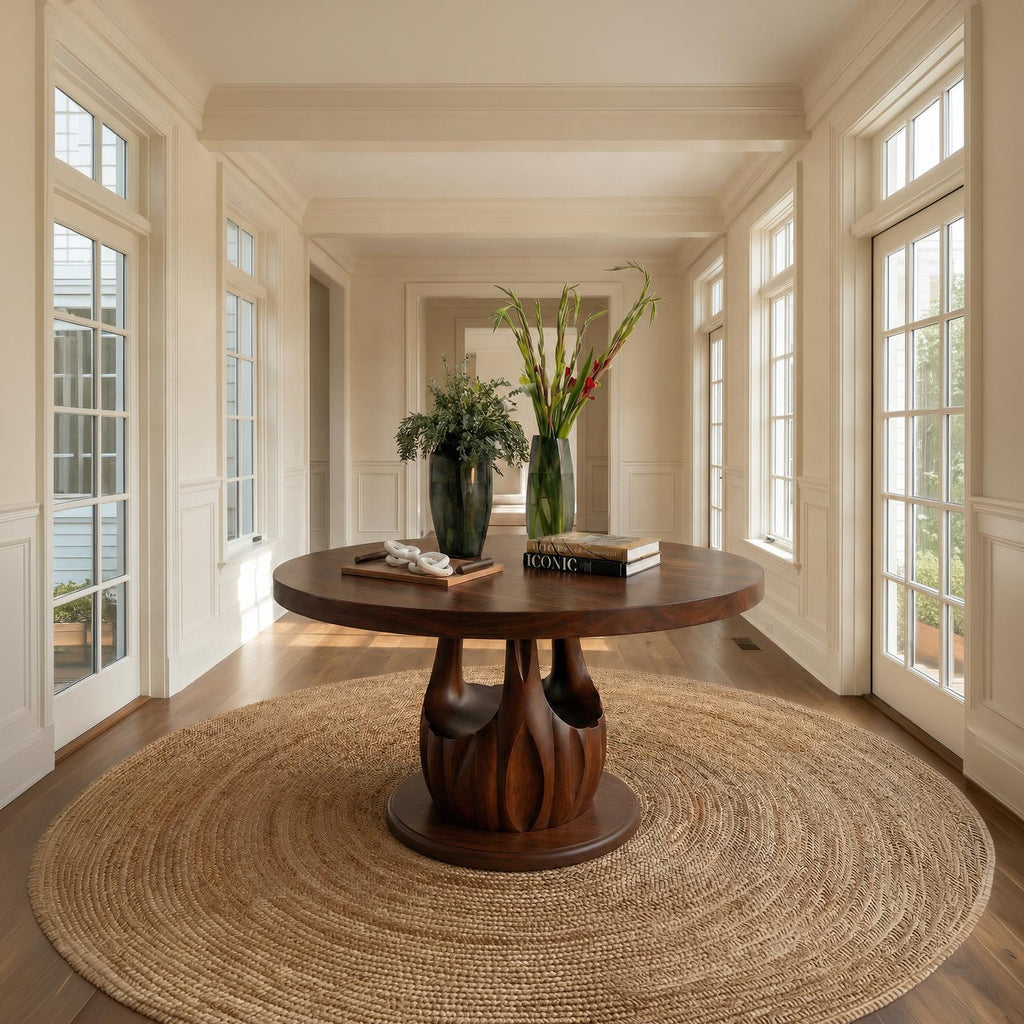 Modern Round Entryway Foyer Table, Solid Wood Unique Sculptural Base Accent Table for Hallway