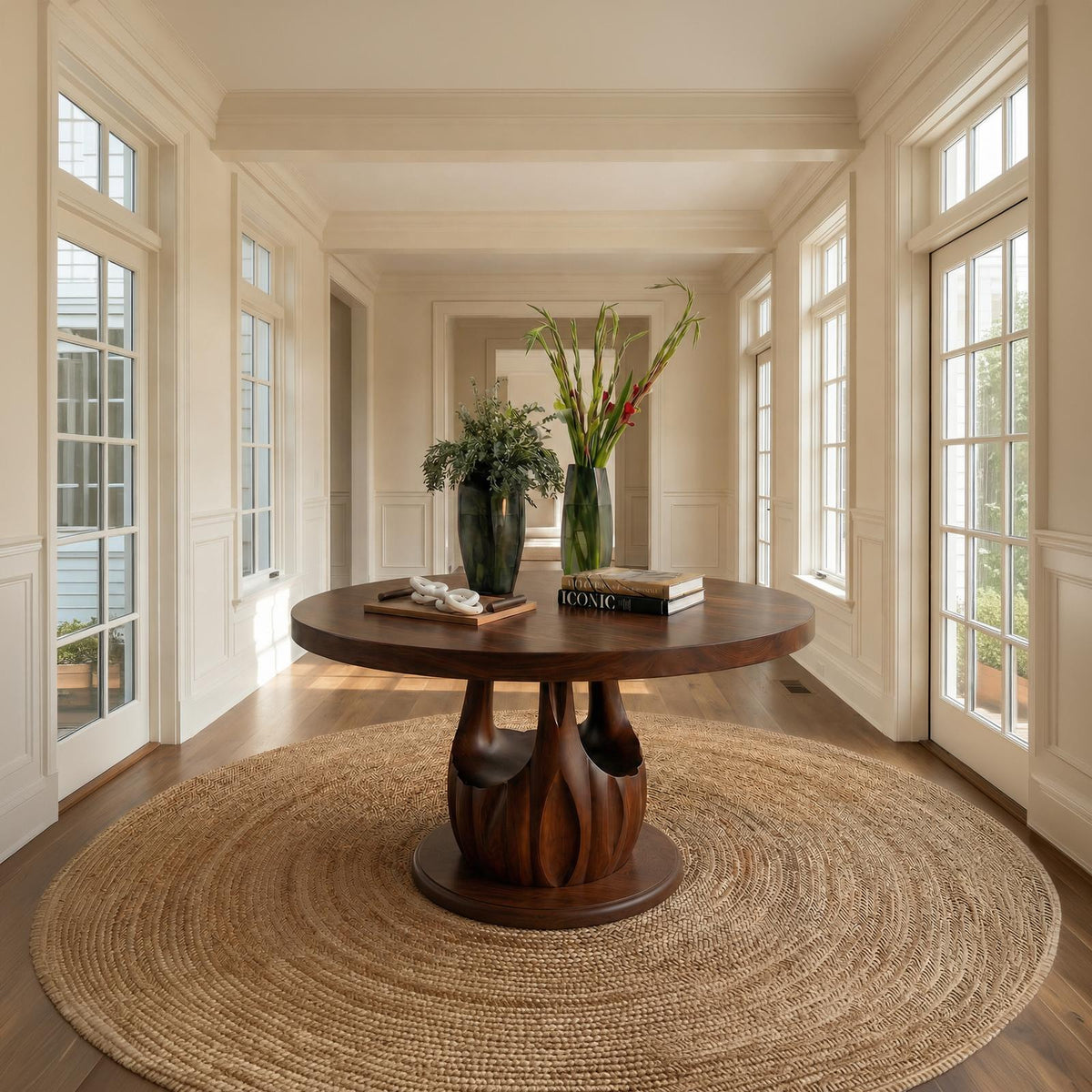 Modern Round Entryway Foyer Table, Solid Wood Unique Sculptural Base Accent Table for Hallway