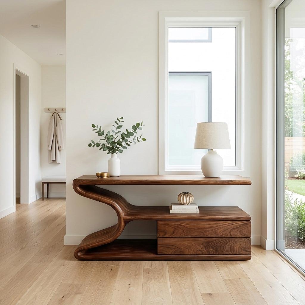Modern Wooden Console Table with Storage, Handcrafted Statement Entryway Table for Living Room & Hallway, Model