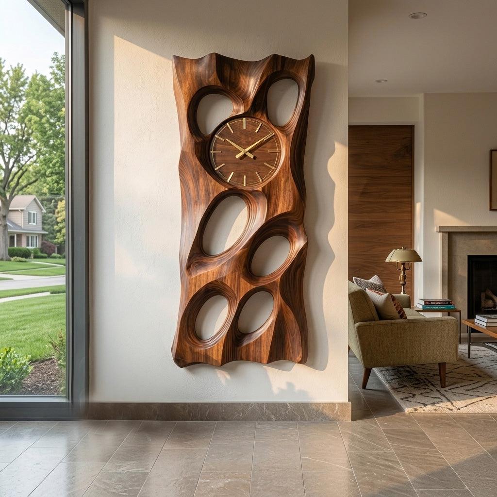 Wooden Wall Clock with Openwork Geometric Design, Modern 3D Carved Wood Hanging Clock for Living Room Wall Decor