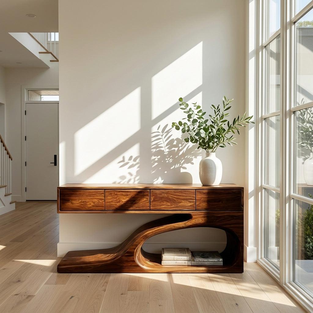 Contemporary Wooden Console Table with Unique Base, Handcrafted Entryway Table for Living Room & Hallway, Model