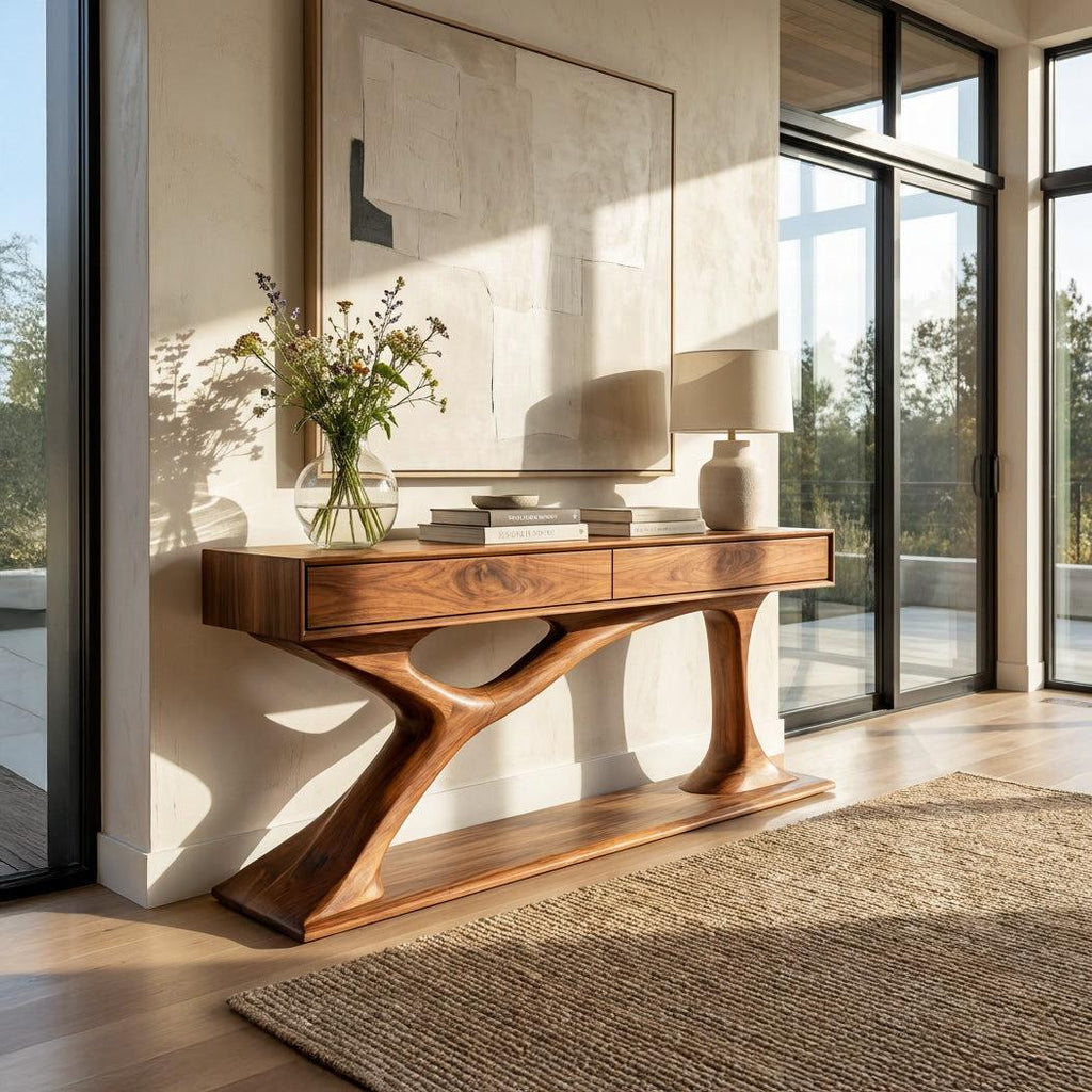 Contemporary Wooden Console Table with Sculptural Base, Handcrafted Entryway Foyer Table for Living Room, Model